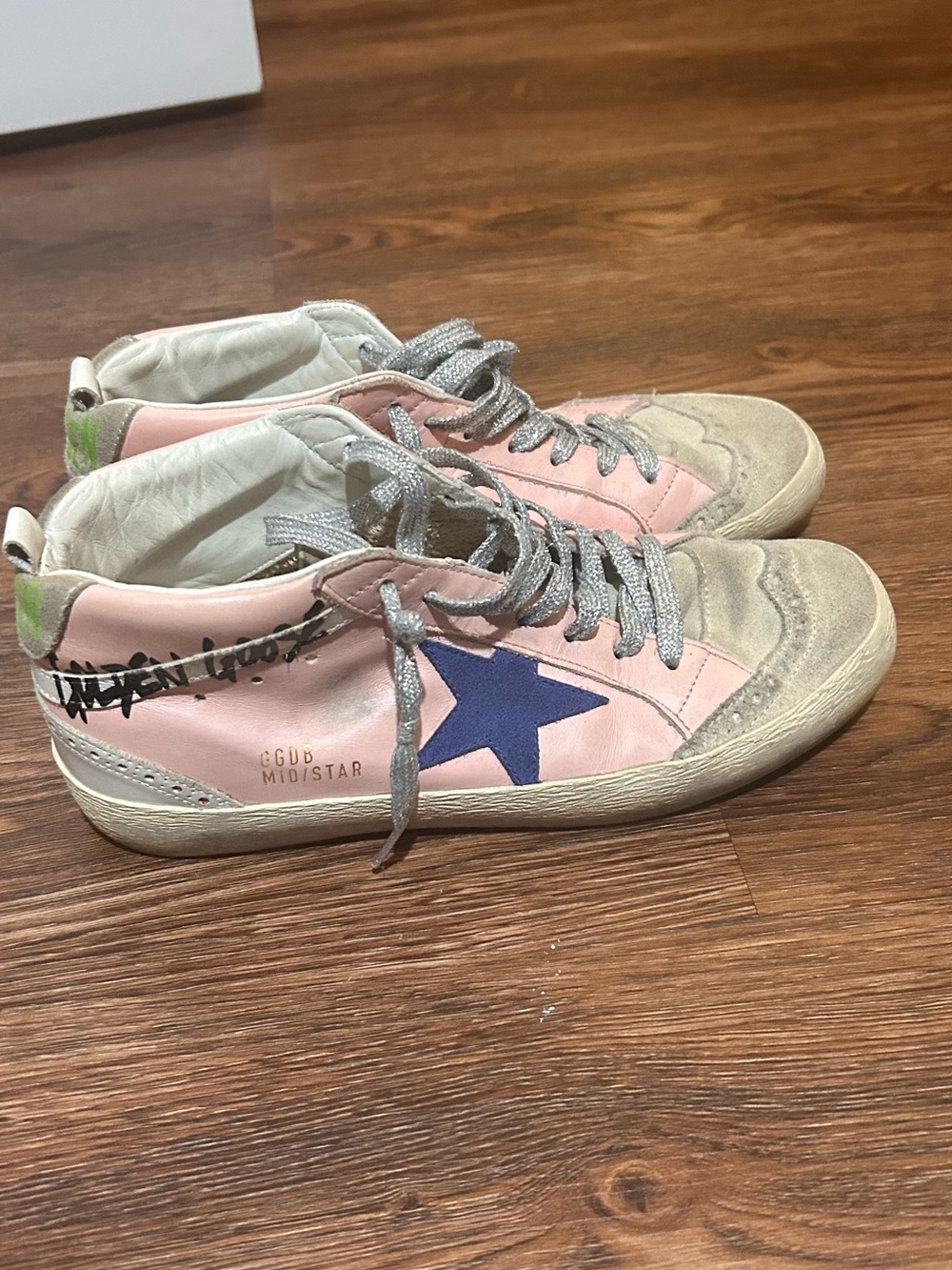 Golden Goose Pink Leather Sneakers with Blue Star and Silver Laces sz39